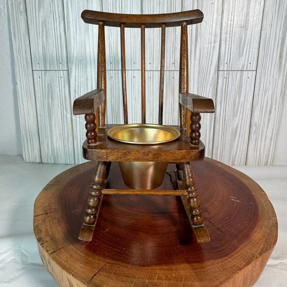 Vintage Miniature Wooden Rocking Potty Chair with Brass Insert Decor Planter